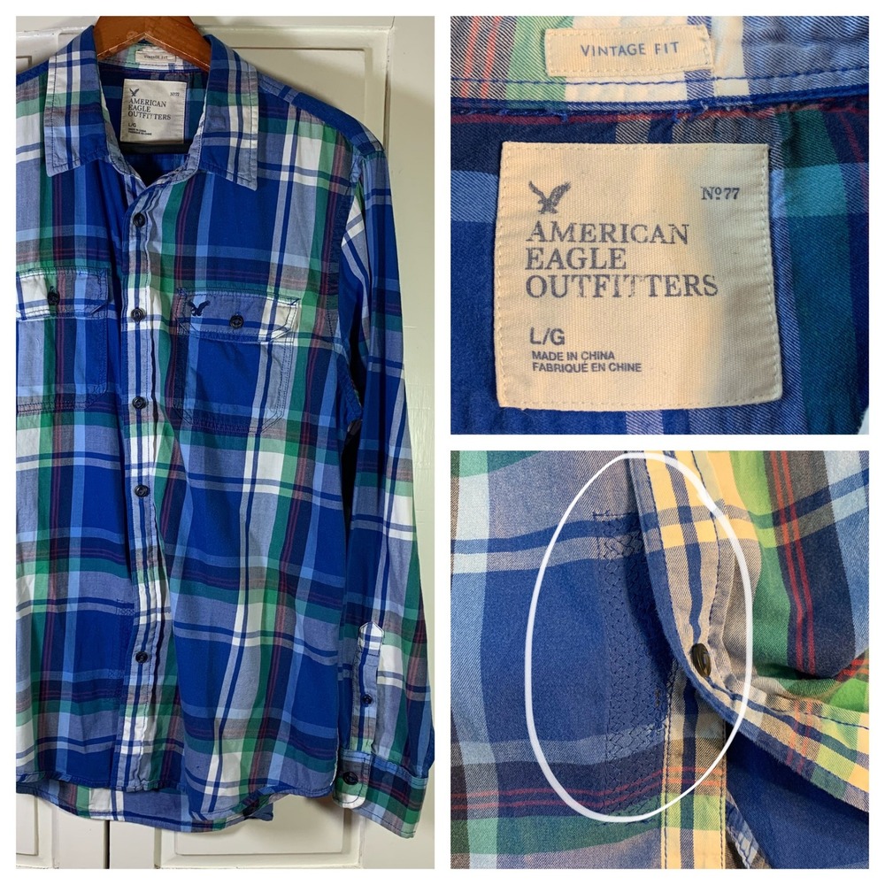 American Eagle Outfitters Plaid Flannel Shirt Men Large Grunge READ Repaired Rip